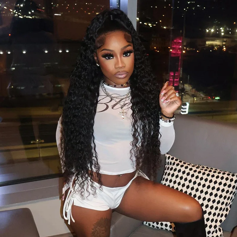 

Women Sexy Letter Print Vacation 2 Piece Set See Through Mesh Long Sleeve T-shirts Crop Tops + Side Bow Tie Hollow Shorts Suits