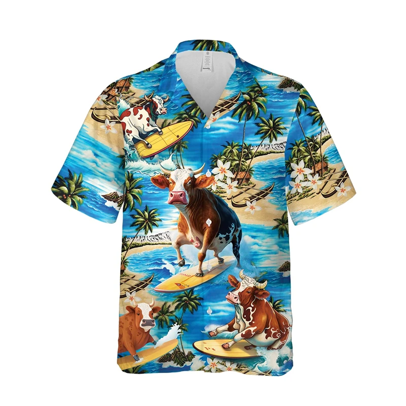 

Cute Cow Surfing Graphic Shirts For Men Clothes Casual Hawaii Women Beach Shirt Hip Hop Surf Sport Lapel Blouse Vacation Tops