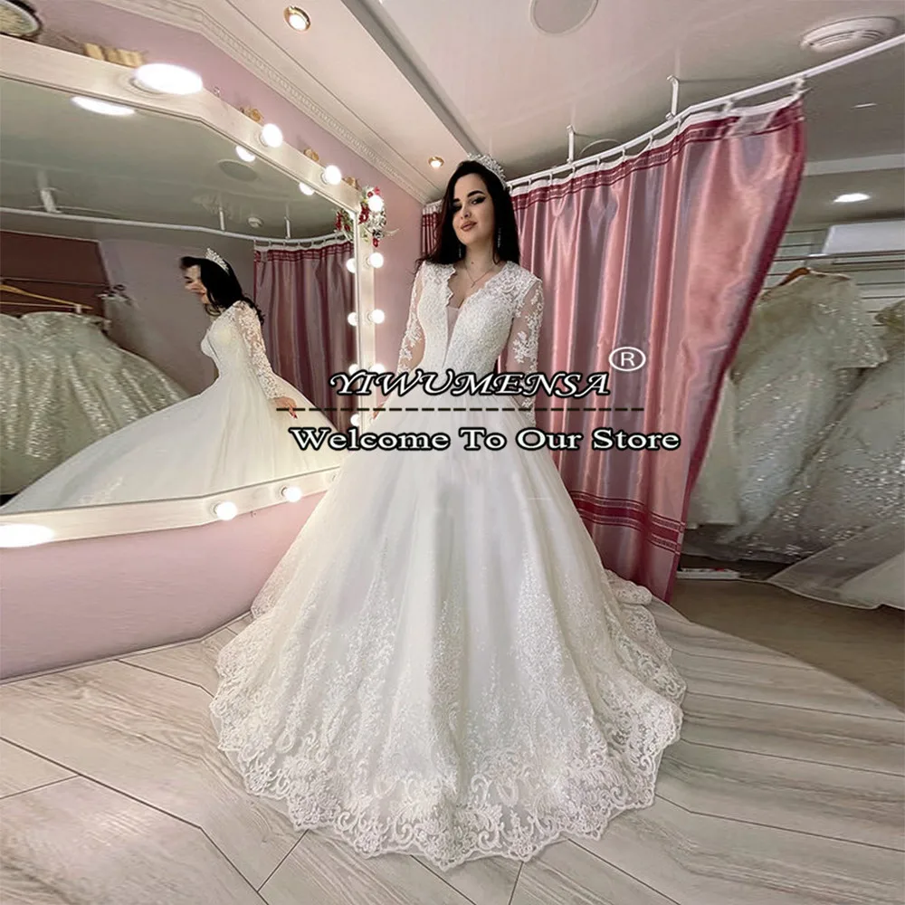 Luxo a linha vestidos de noiva mangas completas branco renda apliques v pescoço formal festa casamento feminino vestidos feitos sob medida