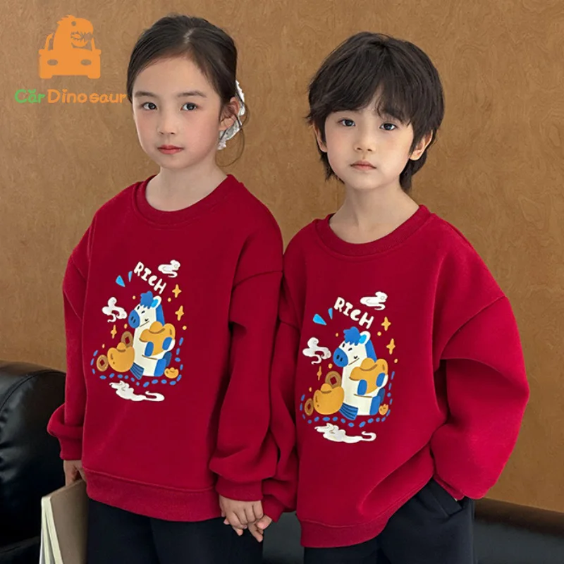 

1-12 Years Girl Boy Brother Sister S-XXXL Mom Dad Family Matching Outfits 2025 Winter Horse New Year Rich Plus Velvet Sweatshirt