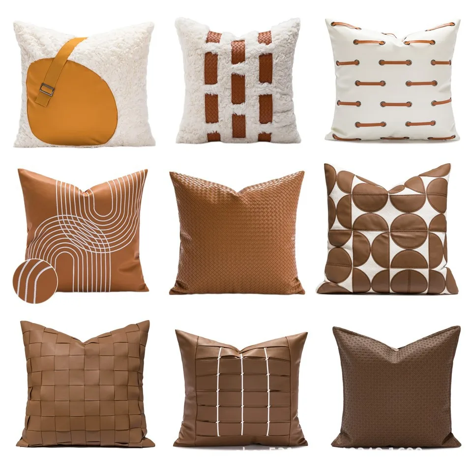

45X45cmThrow Cushion Cover PU Leather Embroidery Splicing Light Luxury American Brown Coffee Comfortable Pillow Case Cover