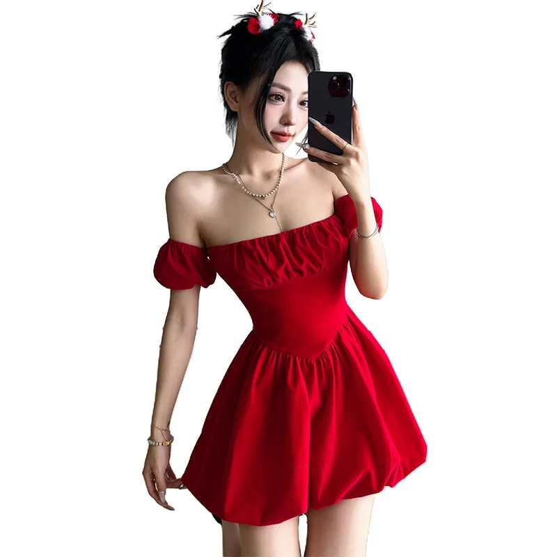 

Fashionable 2024 Autumn And Winter New Women's Clothing Christmas Atmosphere Temperament One Shoulder High Waist Slimming Dress