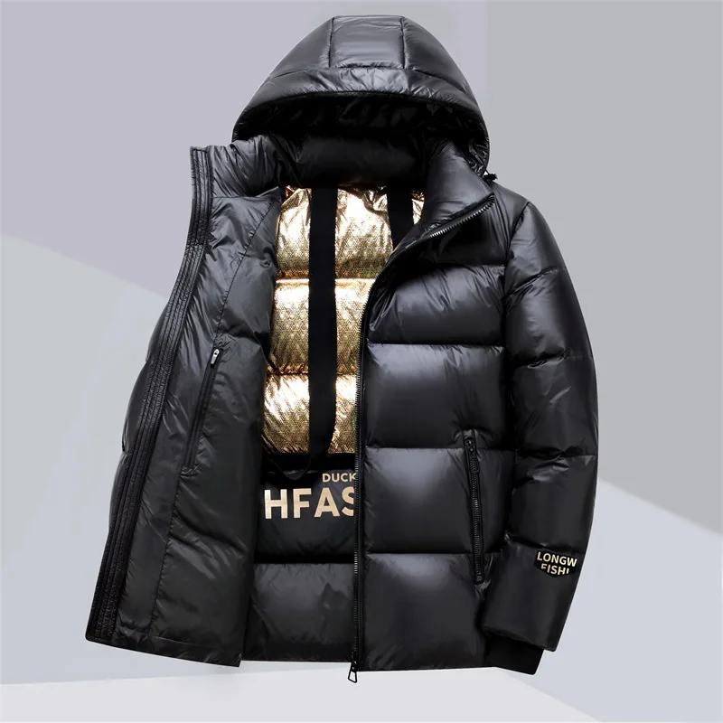 New Winter Men Black Shiny Down Coats Hooded Casual Down Jackets Quality Male White Duck Down Outdoor Windproof Warm Jackets 3XL