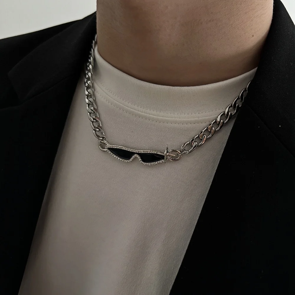 Hip-Hop-Imitation-Sonnenbrille für Männer, Choker, Retro-Silberfarbene Kubanische Kettenhalskette, Modisches Design-Schmuckstück, Trendige Accessoires – Detail 1