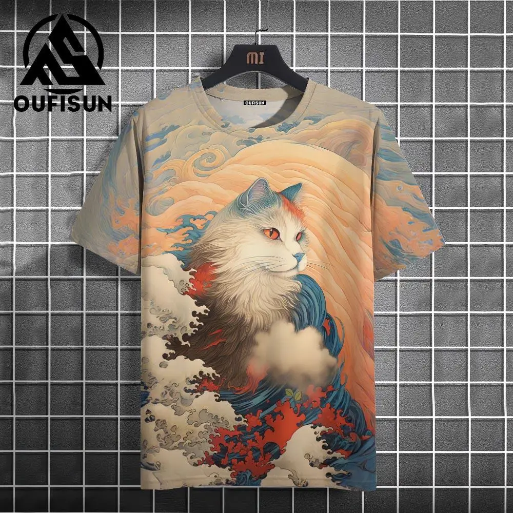 Ukiyo-e painting T-Shirt For Men Hip Hop Animal Cat Short Sleeve Tees Oversized Streetwear Casual Sweatshirt Men\'s Clothing Xl