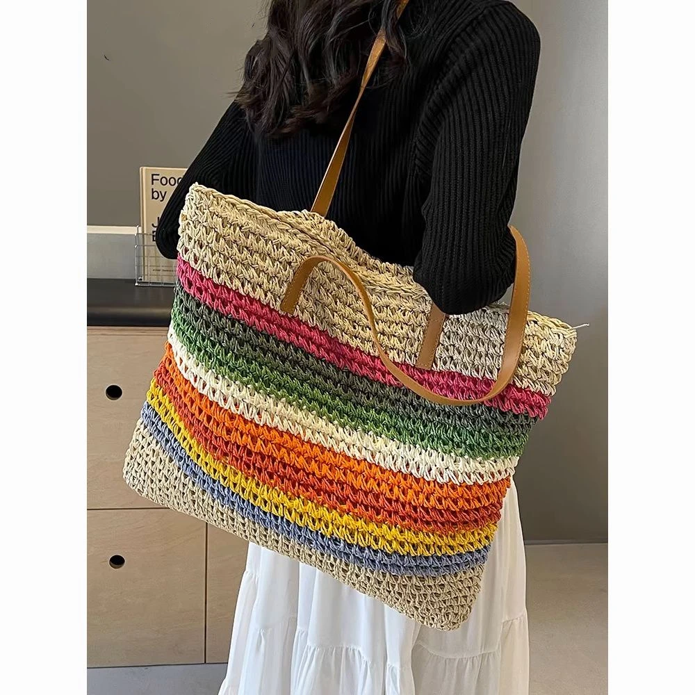 حقيبة قش خفيفة الوزن مع أشرطة تصادم قوس قزح ، منسوجة يدويًا ، حقيبة كتف كاجوال ، مائة عطلة على شاطئ البحر #4