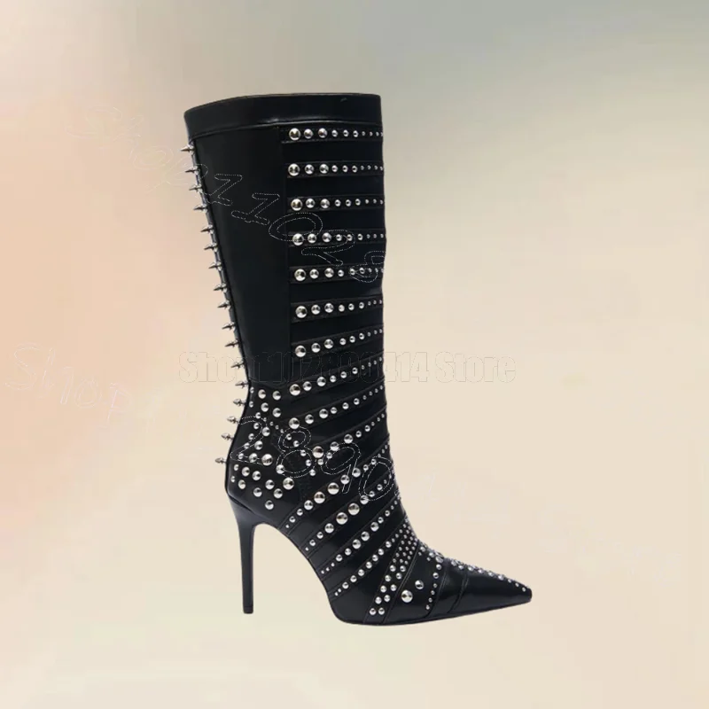 

Silver Rivets Spikes Black Pointed Toe Boots Side Zipper Women Shoes Thin High Heels Party Dating Feast 2025 Zapatos Para Mujere