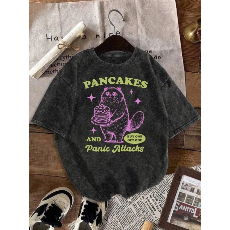 T-Shirt mit Vintage-Illustrationsstil und Buchstaben-Katzen-Print, lustige Grafik zur Förderung der psychischen Gesundheit, lässiges Rundhals-Kurzarmshirt für Männer und Frauen