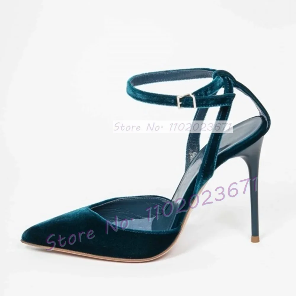 Blue Velvet Pointed Toe Heeled Sandals Women Trendy Elegant Feminine Stiletto Sandals Ladies New Showy Ankle Strap Party Shoes
