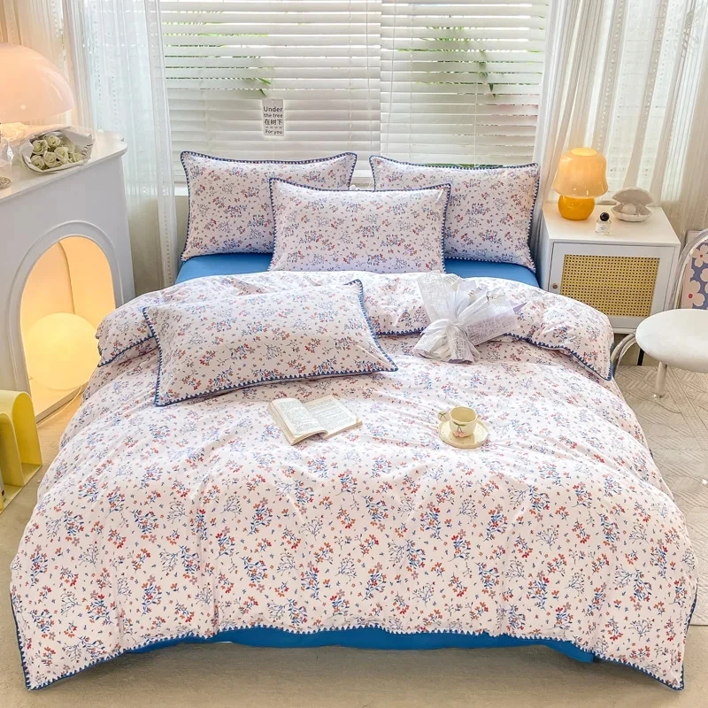 

4pcs Matte duvet cover bed sheet pillowcase extra large double bed set cute printed soft bedding set