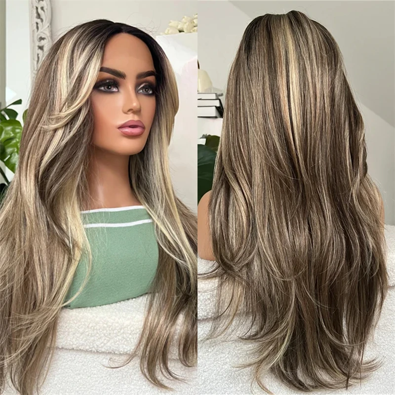 أومبير شقراء براون الطبيعية مستقيم الاصطناعية HD الدانتيل شعر مستعار أمامي شعر مستعار واقعية للنساء جذور داكنة شعر مستعار لينة شعري