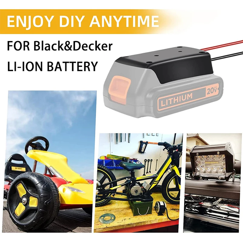 Power Wheels Adapter for Black&Decker 18V 20V Lithium Battery Dock Holder  Power Connector with 14 AWG Wires for Rc Car DIY Use