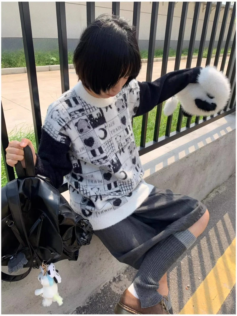 2024 Japanese Autumn New Original Design Cartoon Soft Panda Imitation Mink Crew Neck Sweater For Women