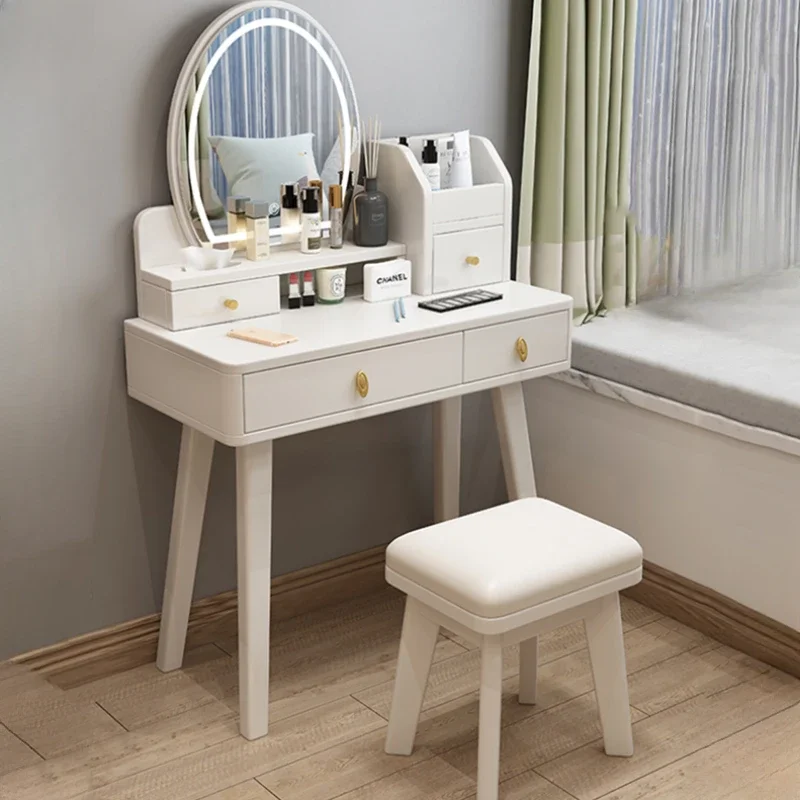 Luxury Modern Vanity Table Storage Aesthetic Desings White Mirror Dressing Table Wooden Modern Penteadeira Furniture Bedroom