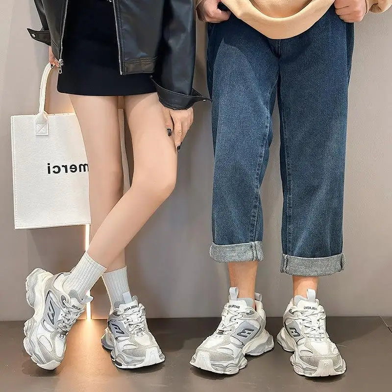 

Parisian Dad Thick Bottomed Genuine Leather Sneakers Street Style Couple Matching Casual Shoes Flat Heel round Toe Polyurethane