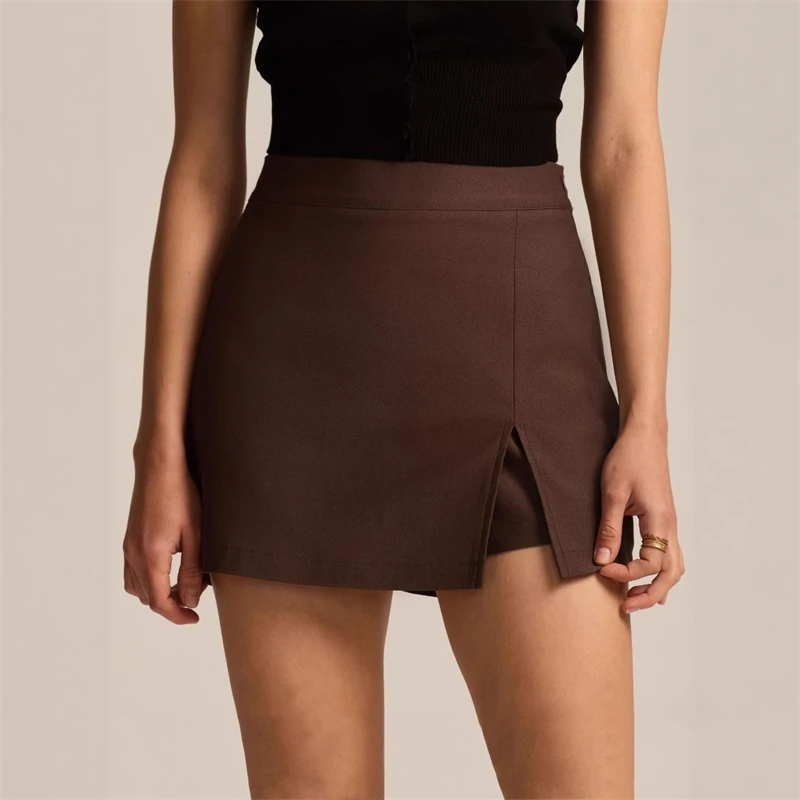 

Women High Waist Split Skirt Pants Stretchy Zipper Detail Office Wear Casual Chic Trendy Women Fashion Elastic Waist Short