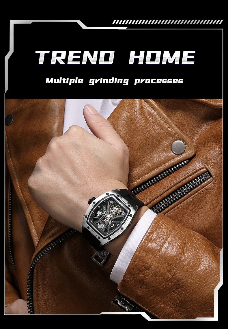 MEGIR Sport-Stil, automatische mechanische Uhr für Herren, voll hohl, transparentes Zifferblatt-Design, Edelstahlgehäuse, Silikonarmband – Detail 17