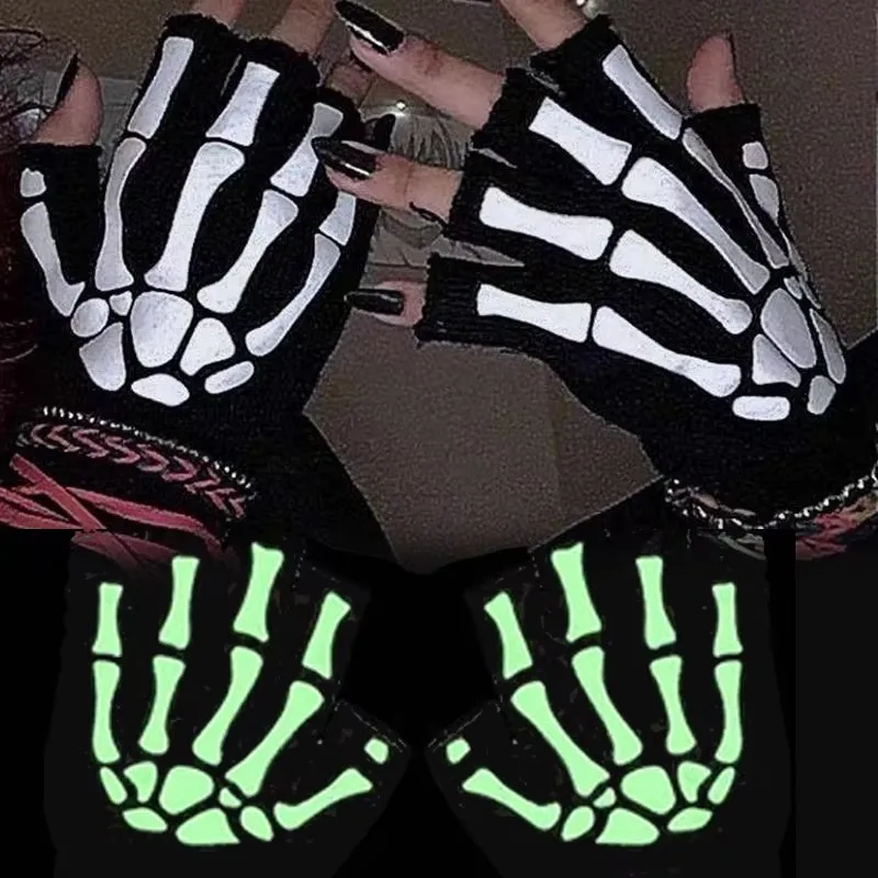 1–6 Paar neue erwachsene Cosplay-Halloween-Skelett-Schädel-Halbfinger-Punk-Handschuhe, die im Dunkeln leuchten, fingerlose Stretch-Strickhandschuhe