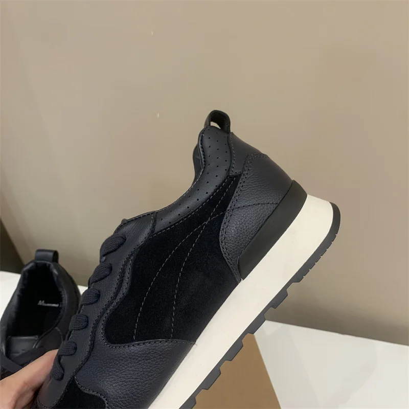 Cowhide Splicing Lace-up Sneakers Men Brand Designer Chunky Platform Casual Shoes Men 2023 Autumn Black Sports Shoes Men