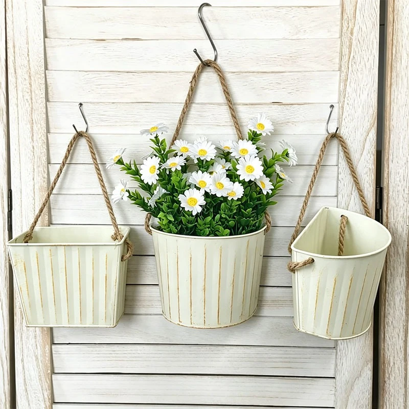1-3Pcs Half Round Wall Planter, Vintage Metal Tin Bucket Hanging Flower Pot, Rustic Wall Decor for Home Garden Patio Balcony