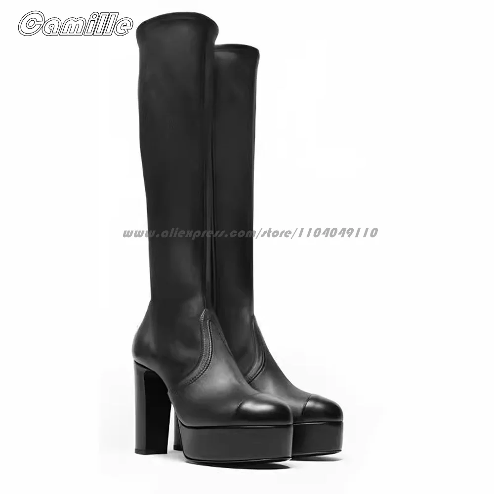 

Solid Back Zipper High Platform Modren Lady Boots 2025 Size 35-42 Chunky Heel Office Lady Boots All-Match Knee High Sexy Boots