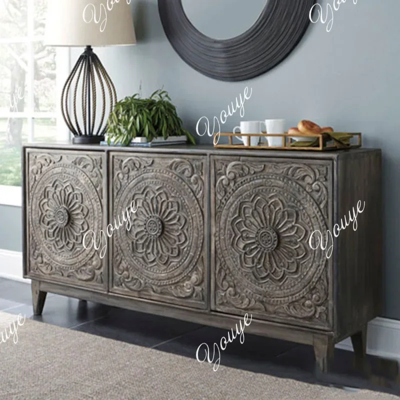 

J French American Solid Wood Engraved Double Door Porch Cabinet Retro Old Storage Cabinet Simple Modern Decorative Cabinet