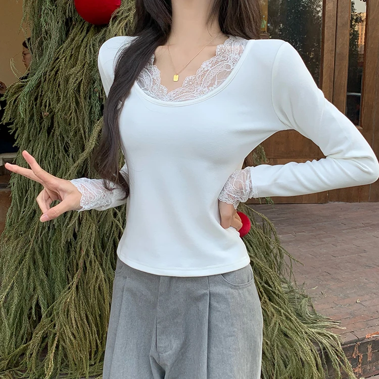 2026 Herbst Winter Damen T-Shirt Spitze Schlankes Basis-T-Shirt Elegantes Vielseitiges Strick-Layering-Oberteil mit Langen Ärmeln für Damen Neu eingetroffenes T-Shirt – Detail 16