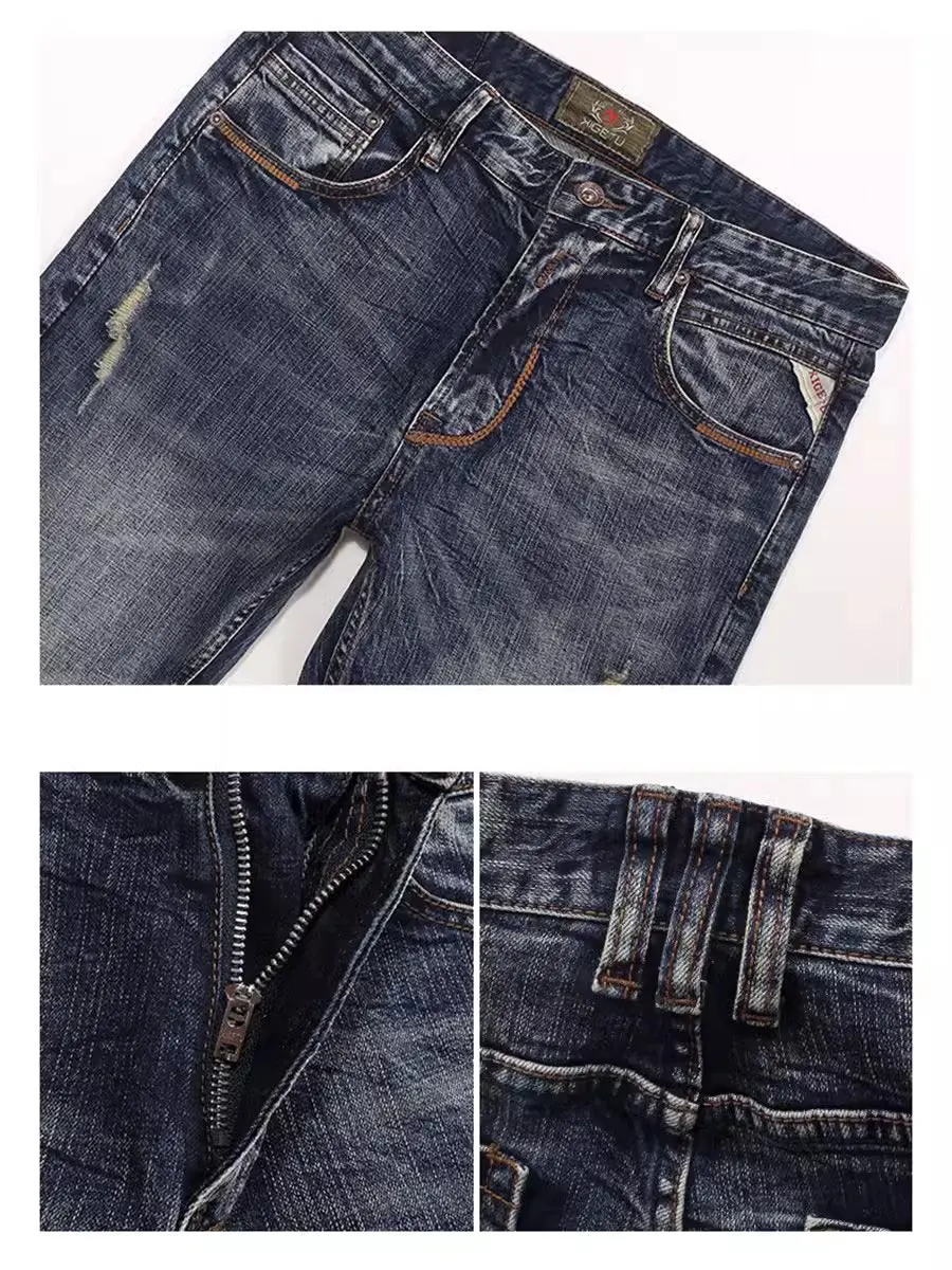 Fashion Designer Men Jeans High Quality Retro Washed Blue Elastic Slim Fit Ripped Jeans Men Vintage Casual Denim Pants Hombre