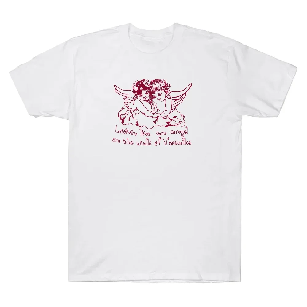 Sommerliches Herren-T-Shirt mit Buchstaben- und Engel-Print, Rundhalsausschnitt, 100% reine Baumwolle, lässig, neutral, weich, atmungsaktiv, kurzärmelig