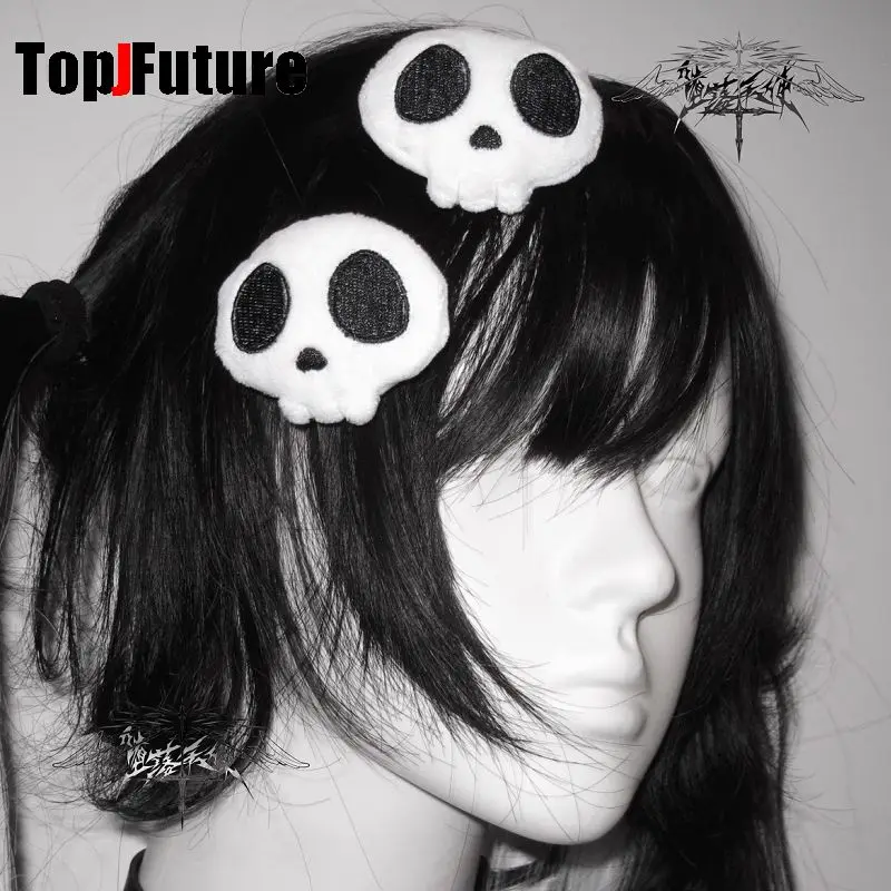 subculture Women Harajuku Gothic Lolita Y2K Girl lovely Plush skull head PU leather chokers hairgrips Hairpin clip Hair clip
