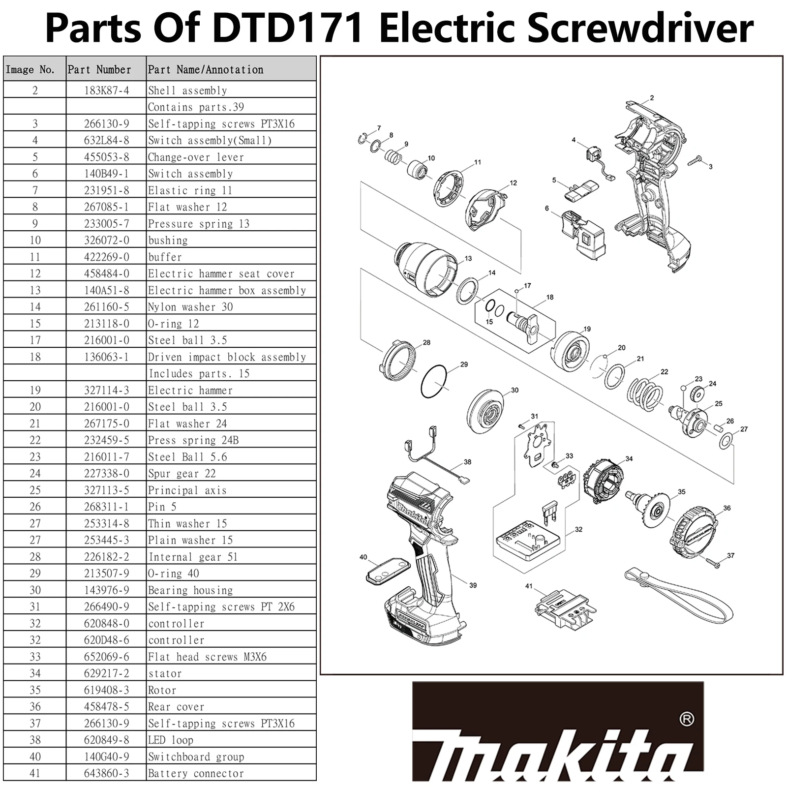 Imagem -03 - Makita-original Switch Assembly Parts Switch Assembly Transfer Rod Hammer Box Estator para Dtd171 Chave de Fenda de Impacto Recarregável