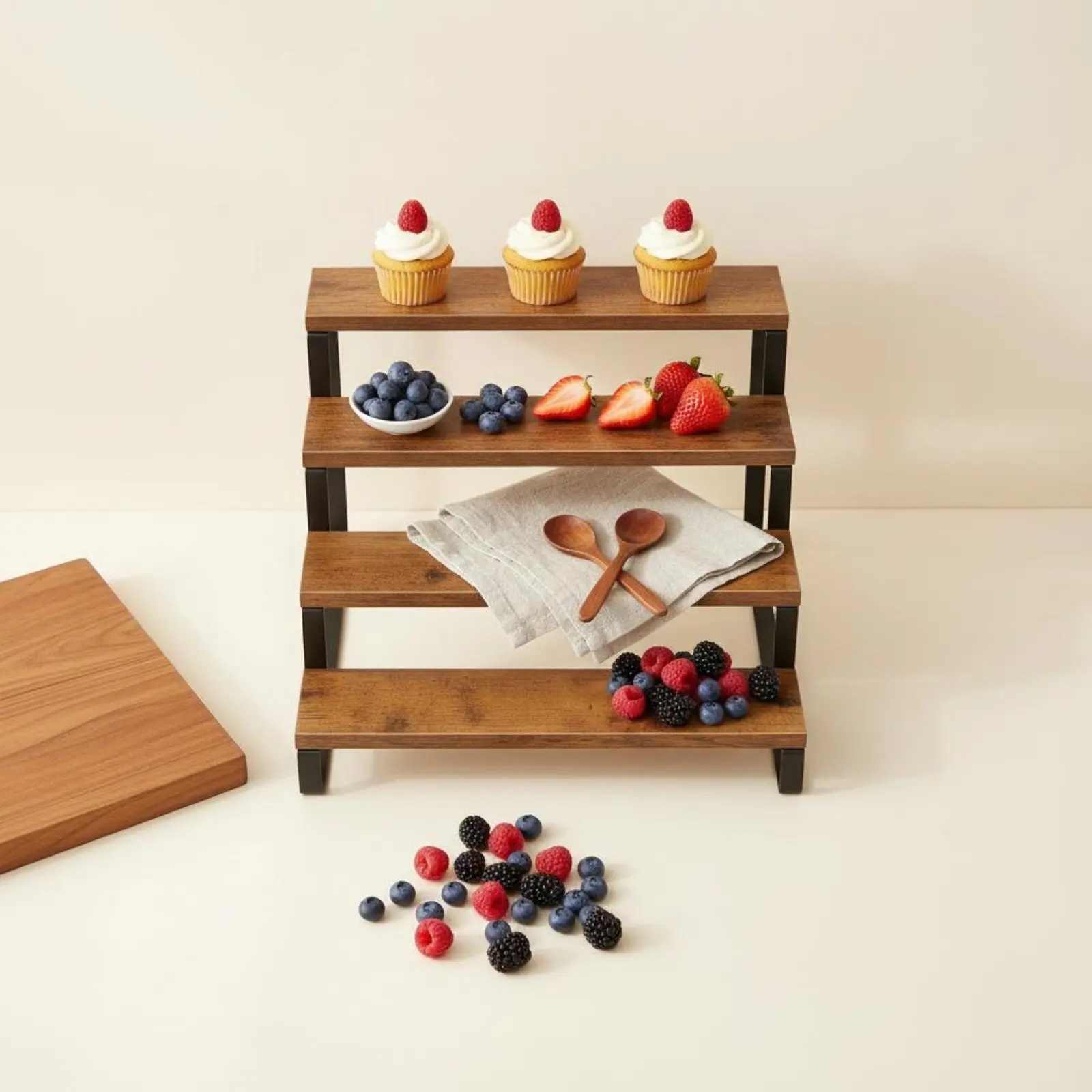 4 Tier Display Riser Space Saving Wooden Dessert Stand Tiered Display Stand Multi-Functional Countertop Shelf Organizer