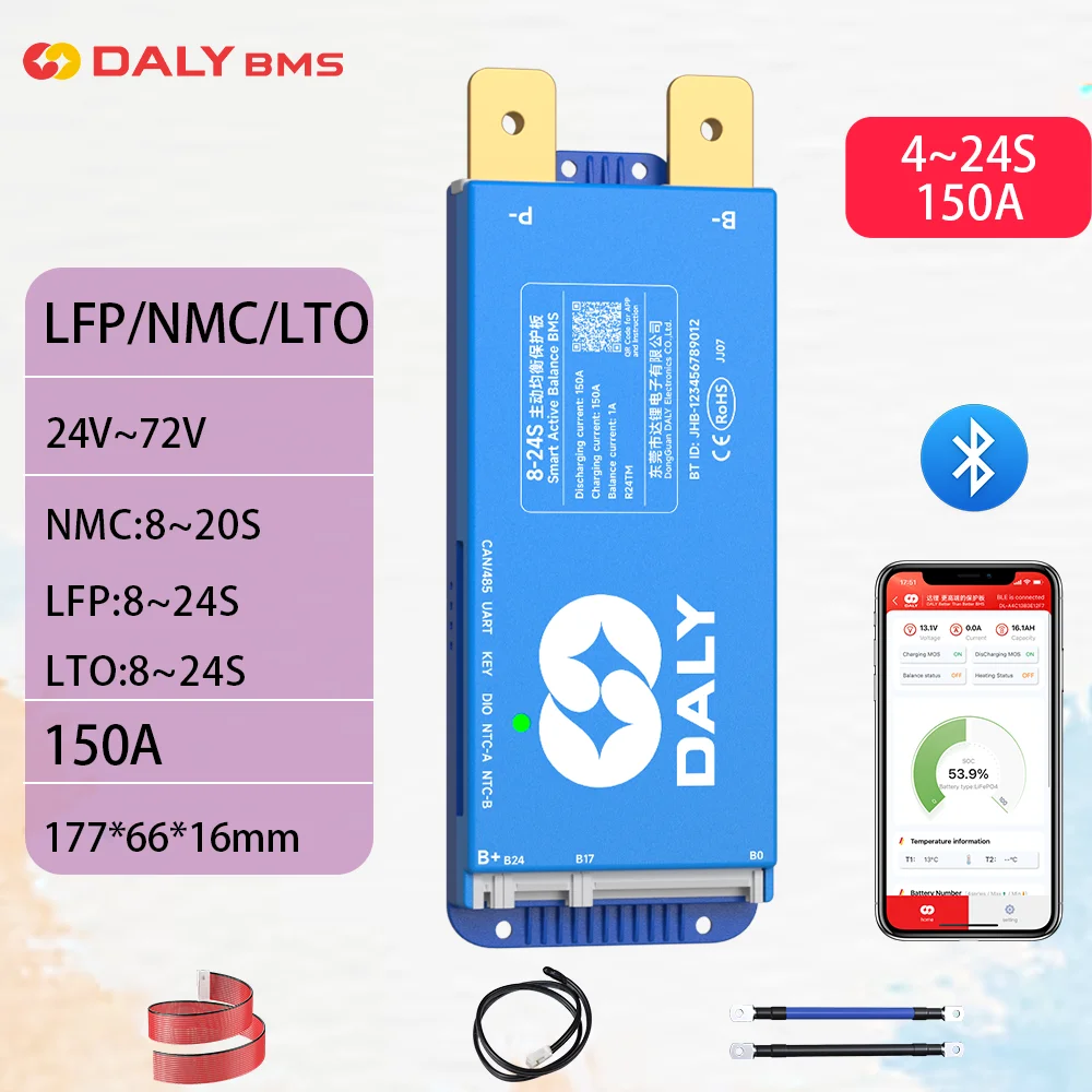 

DALY Smart BMS Active Balance BMS 4S 12V 8S 24V 16S 48V 150A Built-in Bluetooth WiFi for Solar Inverter Power Banks RS485 CAN