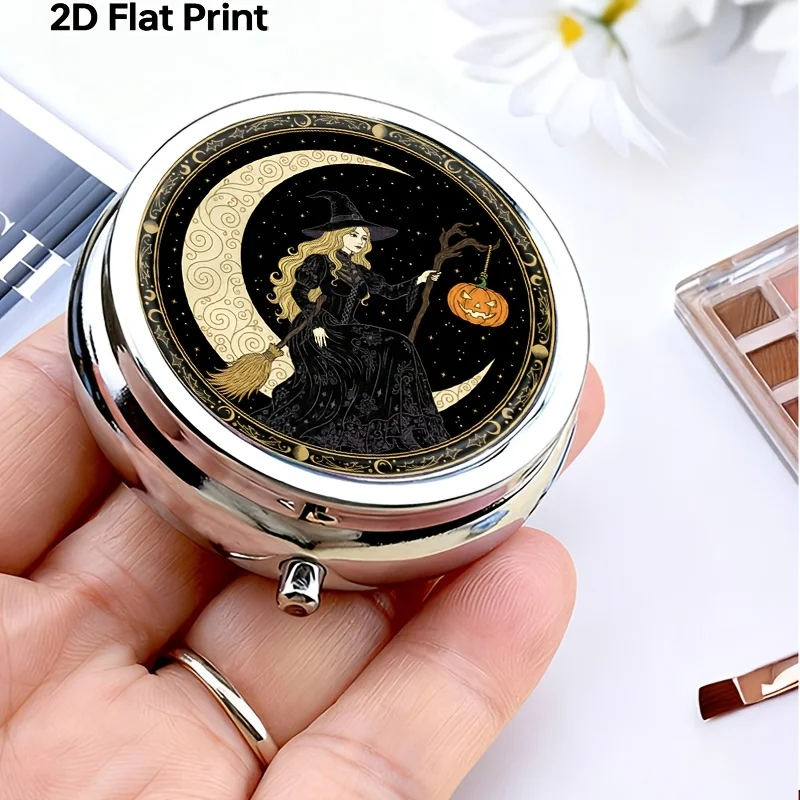 Vintage Gothic Sky Pill Box 3-Compartment Metal Portable Medicine Organizer Halloween Witch Moon Pumpkin Light Small Vitamin Box Supplement Storage Container Durable Daily Medicine Dispenser Gift for Women and Men