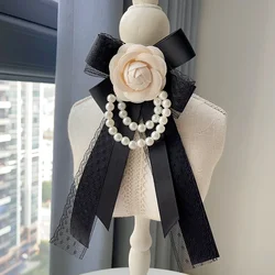 Women's Bow Tie Brooch White Camellia Pearl Chain Lace Ribbon Handmade Jewelry Korean College Style Suit Shirt Collar Flowers