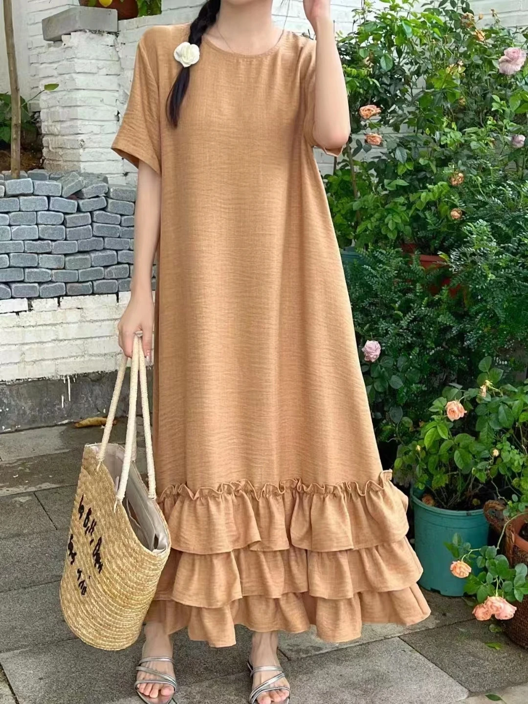 Vestido casual solto de manga curta f, vestido longo fino de verão com gola redonda, bainha de renda dupla camada, efe...