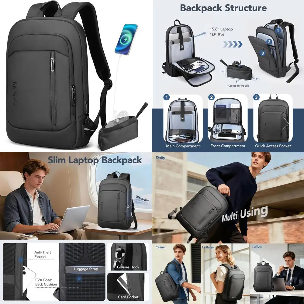 

Мужской тонкий рюкзак для ноутбука 15,6 дюймов, с USB-портом, водонепроницаемый, для деловых поездок, офиса/университета - черный