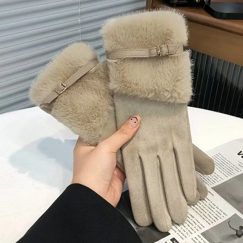 Soft and Sticky Suede Gloves for Women in Winter, Warm and Thick Imitation Mink Fur Splicing Belt Buckle, Touch Screen Gloves