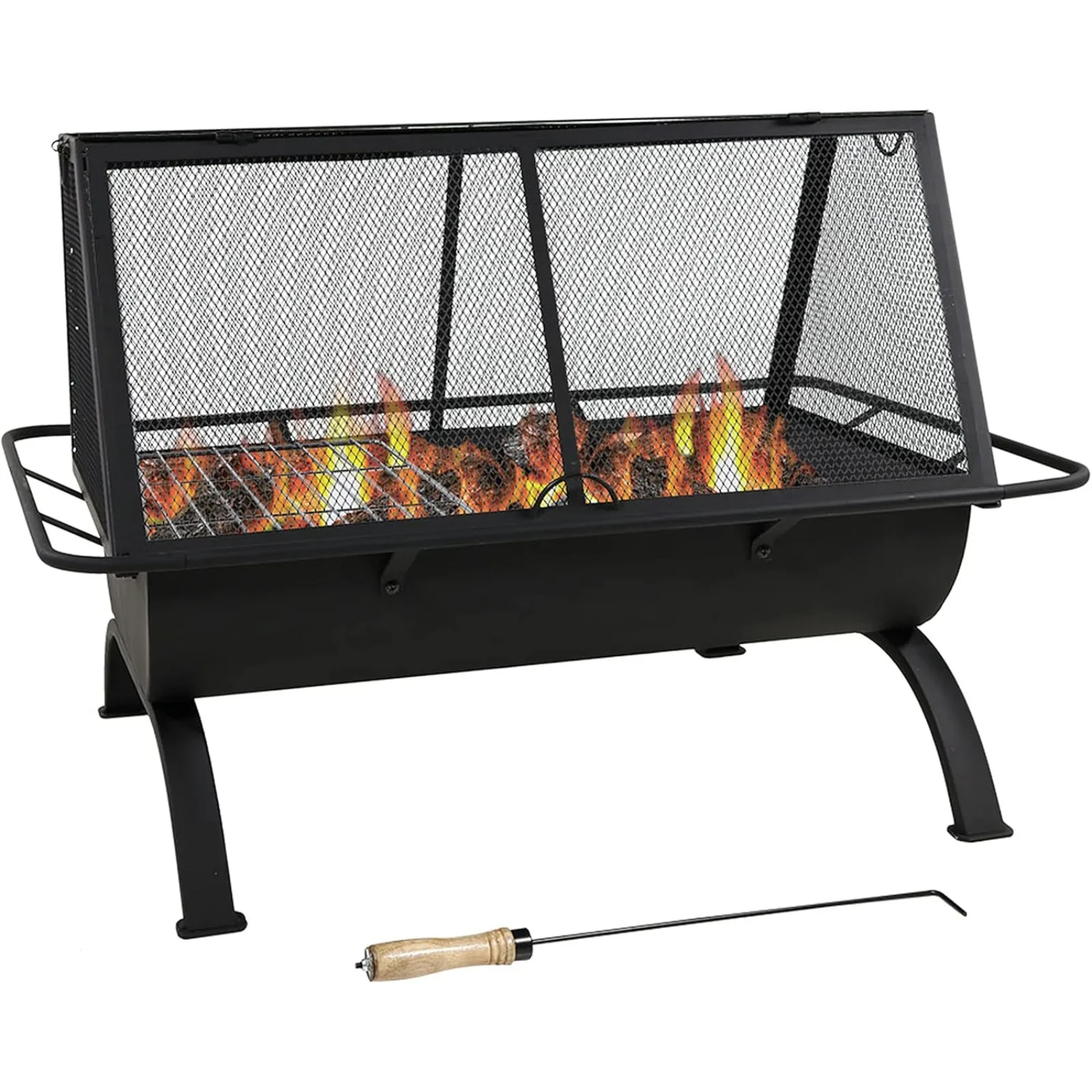 US 36-Inch Northland Outdoor Rectangular Fire Pit with Cooking Grill, Poker, and Spark Screen - Black Finish