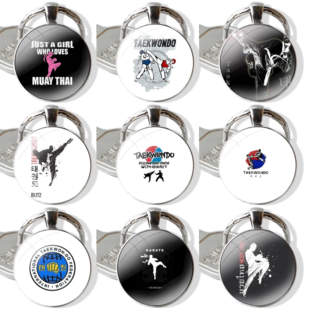 Glass Metal Pendant Key Chain Classic Men Women Key Ring Accessories Jewelry Gifts Kungfu Taekwondo