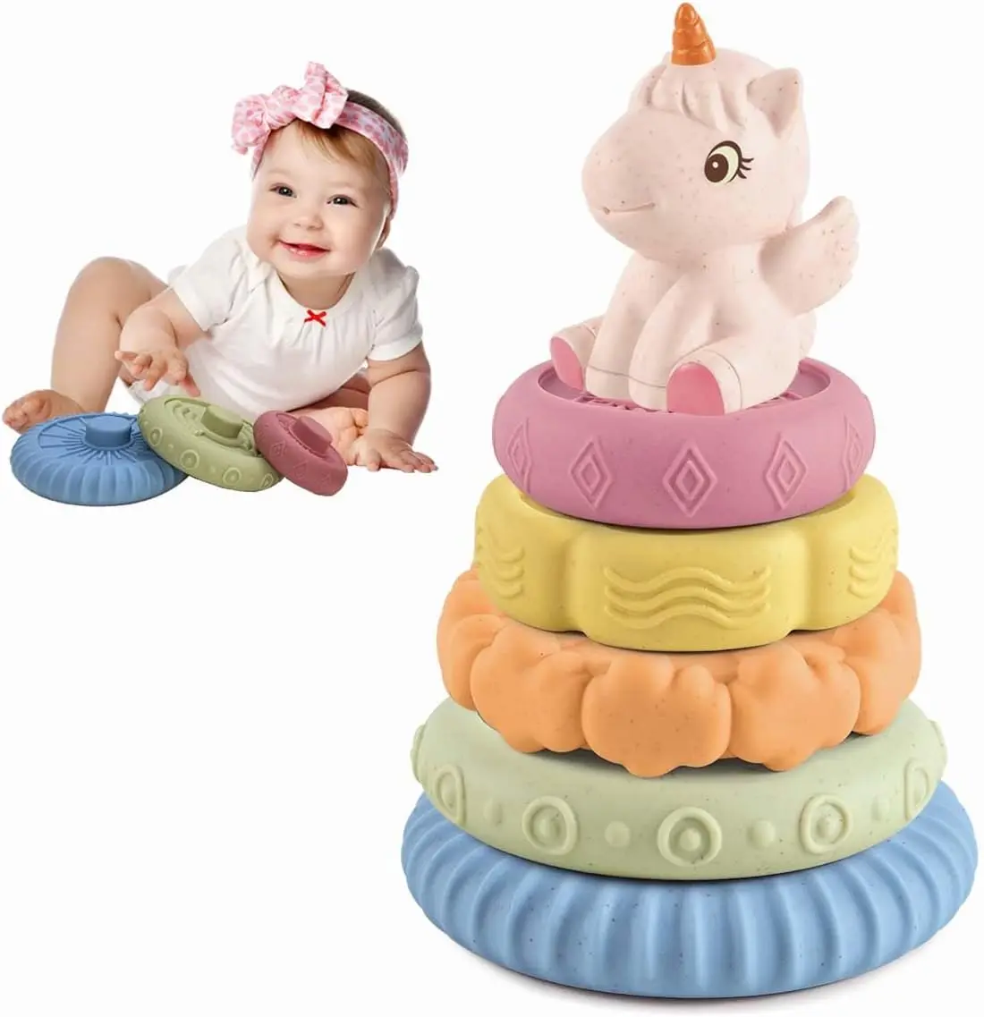 Baby Stacking Nesting Toys, Soft Squeeze Building Circle with Pink Horse, Baby Teething Toy Sensory Early Educational Toys for N