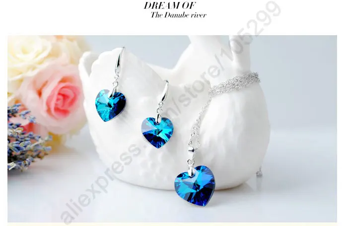 Jewely Sets Blue Austrian Crystal Genuine  925 Sterling Silver Color Heart Pendant Necklace Earring Ear Thread Hook Earrings