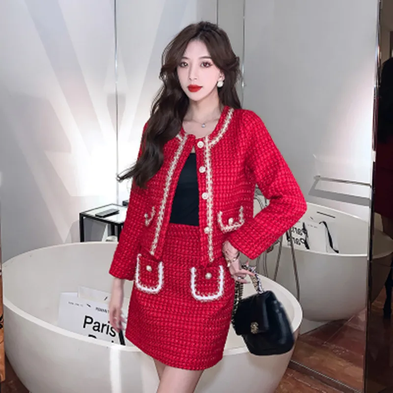 

Autumn Winter Fashion Christmas Red Tweed 2 Piece Set Women Single Breasted Fringed Woolen Jacket Coat + Pocket Mini Skirt Suit