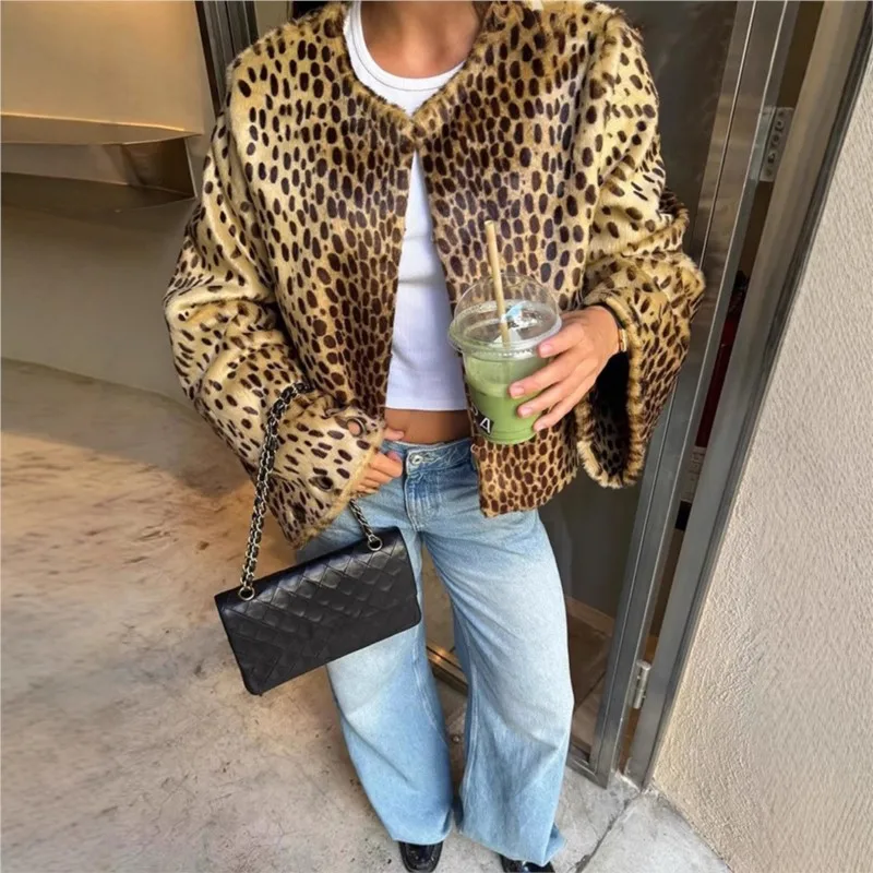Mode Chic imprimé léopard manteaux veste courte col rond 2025 automne hiver décontracté rue trajet chaud vêtements d'extérieur amples femme