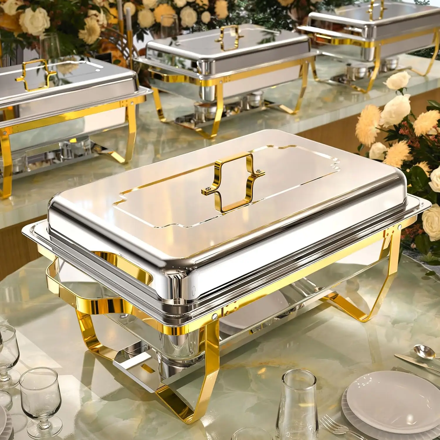 

4-Pack 9QT Stainless Steel Chafing Dish Set with Rolled Edges for Buffet Parties and Events