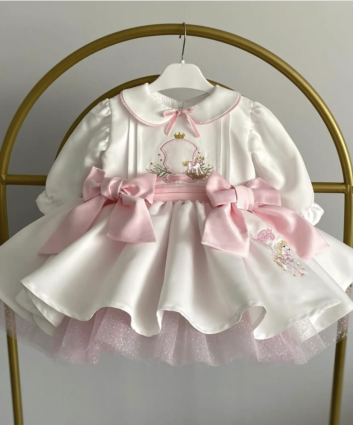 0-12Y Baby Girl Autumn Horse Embroidery White Vintage Ball Gown Princess Dress for Casual Party Birthday Eid Photography  C36