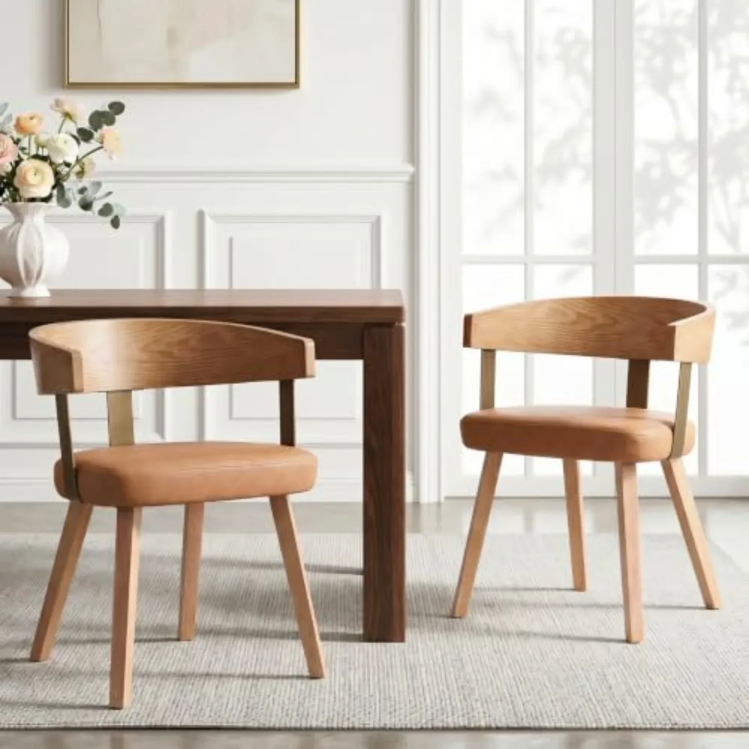 HOT Wooden Dining Chairs Set of 2, PU Leather Fabric Upholstered Dining Room Chairs with Barrel Back, Modern Farmhouse
