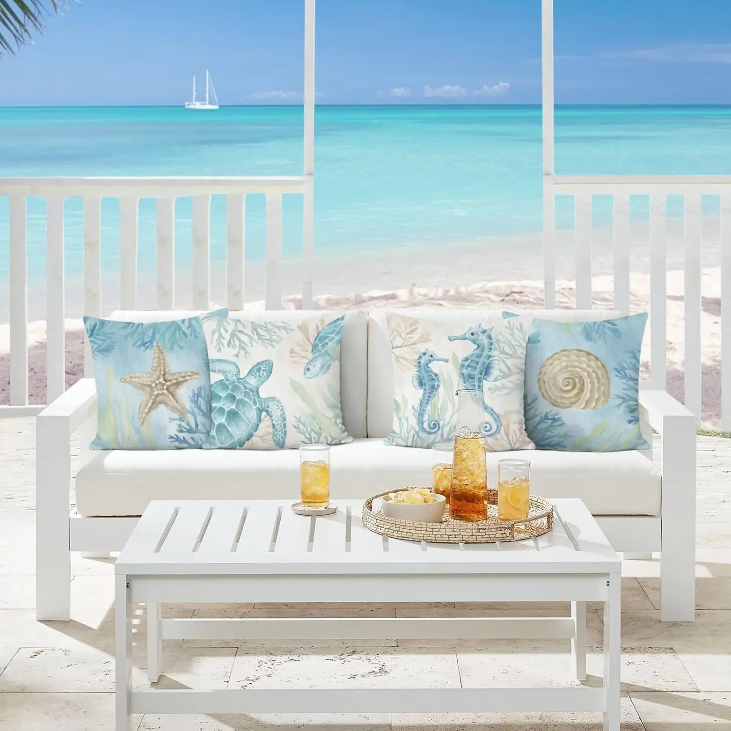 Coastal Beach Throw Pillow Covers Set of 4 Seahorse Starfish Shell Ocean Blue Decorative Pillows Case Soft Velvet Cushion