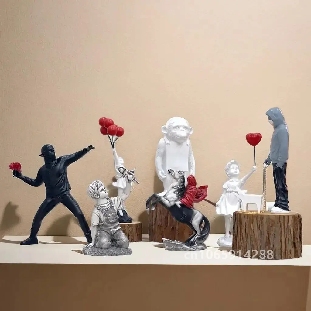 Banksy Sculpture Collection Flower Thrower Statue Pop Art Modern Balloon Girl Figurine Office Home Decoration Accessories Street