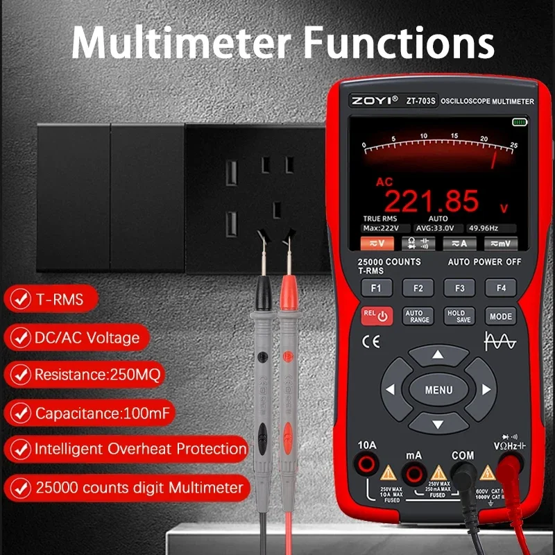 ZT-703S 3-in-1 Oscilloscope Multimeter with 3.5 Inch IPS Display,25000 Counts, Dual Channel 50MHZ Bandwidth,280MSa/s High